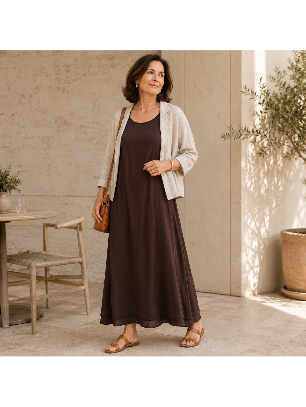 Eileen Fisher Chocolate Brown Layered Hem Midi Dress Lagenlook Size L